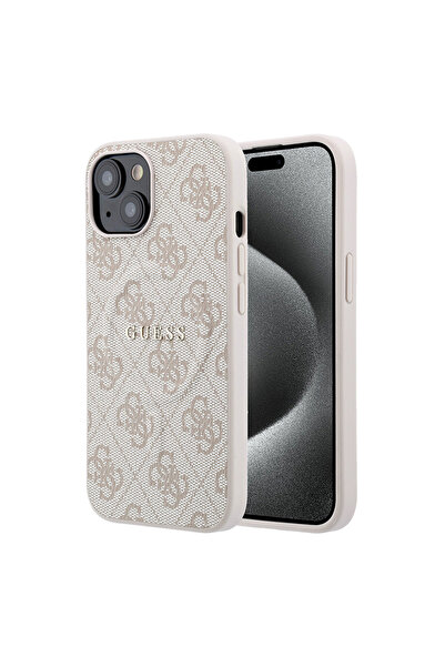 Guess iPhone 15 Uyumlu Kılıf Lisanslı M-safe Kabartmalı 4G Desenli Yazı Logol...
