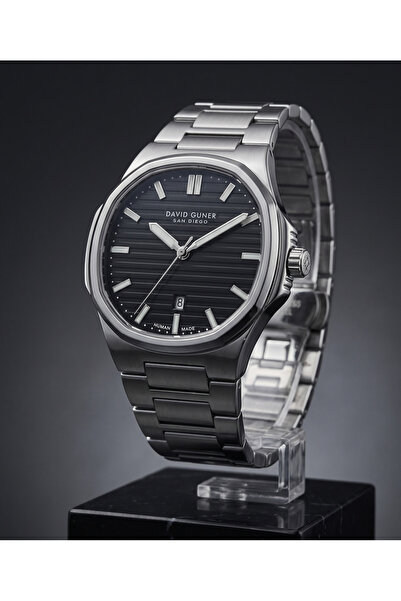 DAVID GUNER San Diego Men's Wristwatch 45mm Black Dial Silver Steel Band with...