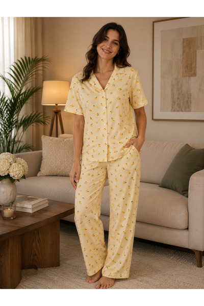 Larissa Scarf Kadın Limon Desenli Kısa Kollu Düğmeli Pijama Takımı – Pastel Sarı