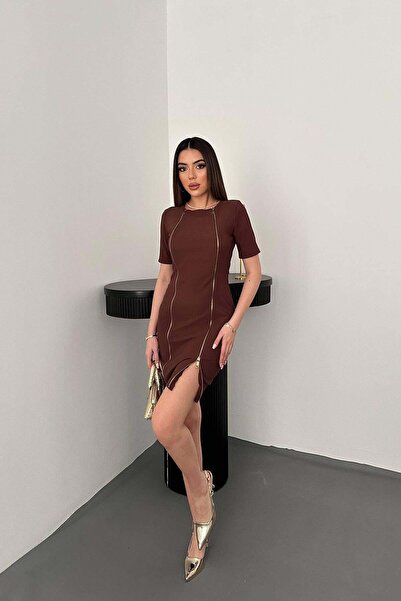 Caddebostan Moda Zipper Detailed Short Sleeve Stretchy Ottoman Fabric Mini Dress