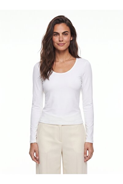ONLOOX White Ultra Soft Textured U-Neck Long Sleeve Slim Fit Basic Stretchy K...