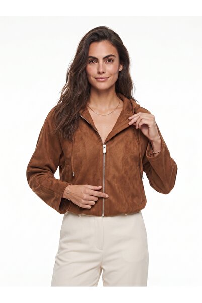 ONLOOX Tan Suede Textured Hooded Collar Lined Bomber Jacket with Zipper and P...
