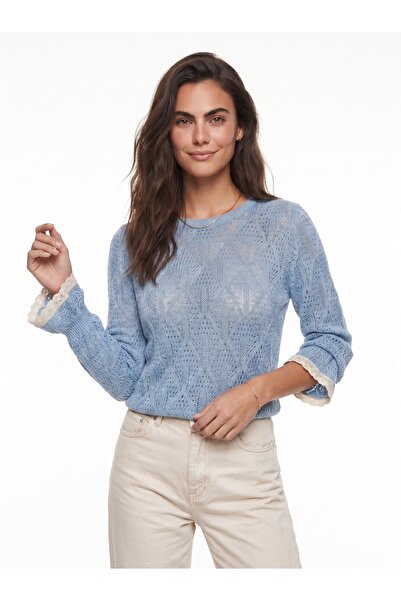 ONLOOX Baby Blue Cotton Knitwear Crew Neck Flowy Cut Sleeves Flounce Openwork...