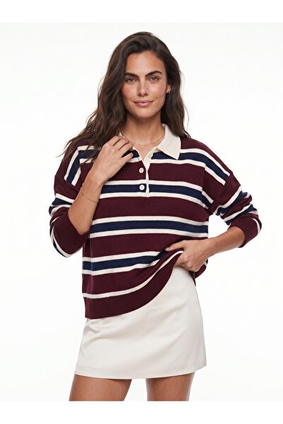 ONLOOX Burgundy Cream Acrylic Textured Polo Collar Standard Size Striped Deta...