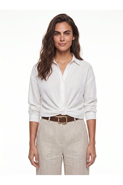 ONLOOX White Cotton Shirt with Collar, Long Sleeves, Loose Fit, Knot Detail o...