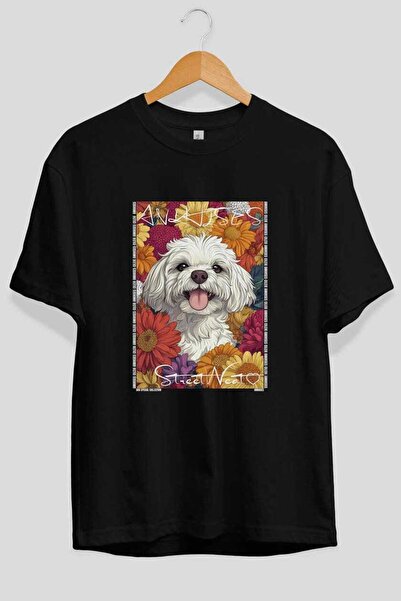 Ankhises تي شيرت Dog For Love 10 أسود كبير الحجم مطبوع عليه صورة كلب، 100% قط...