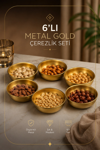 Funny Life Metal Gold 6'lı Çerezlik Seti Gold Sunum Kasesi Kahvaltılık Sosluk...