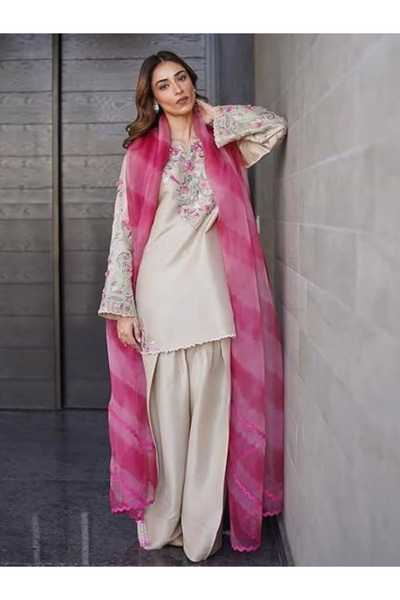 MYSMAR Silver Rawsilk Floral Embroidered Suit with Pink Tie-Dye Organza Dupat...