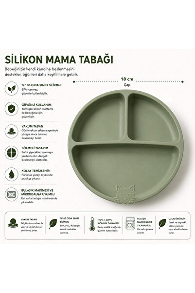 Bebeye 3'Lü Bebek Beslenme Seti Vakumlu Mama Tabağı - Mama Kaşığı - Alıştırma Bardağı Olive Green