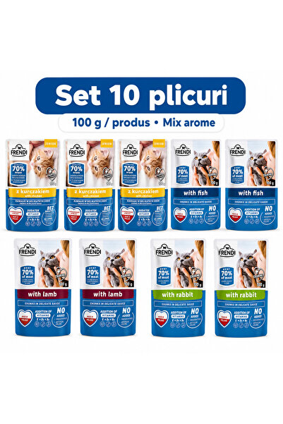 FRENDİ Cat, hrana umeda pentru pisici, Set 10 plicuri, Mix Pui Junior, Peste,...