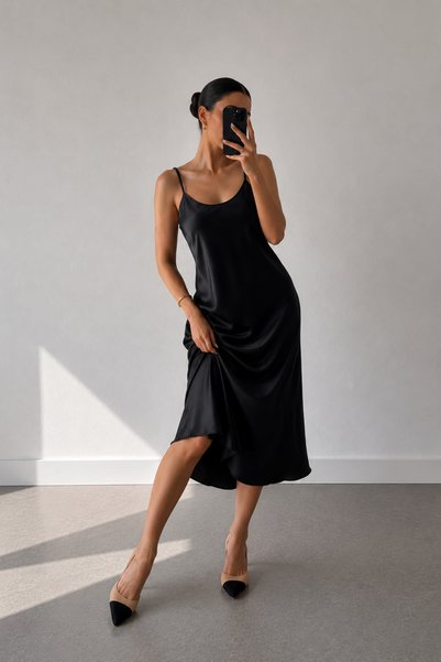 Asfaha Fashion Women's Black Thin Strap Satin Midi Dress