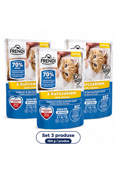 FRENDİ Cat cu Pui Junior, hrana umeda pentru pisici, Set 3 plicuri, 3 x 100 g