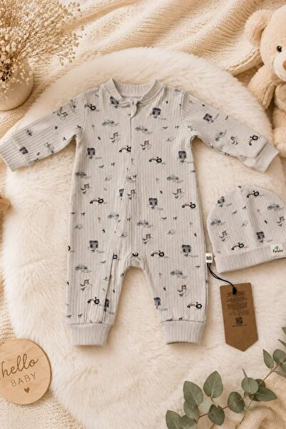 Tuğra Bebe Organik Pamuklu Fitilli Traktör Desenli Erkek Bebek Tulum & Şapka ...