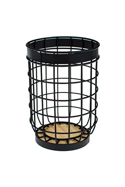 victiny Round Metal Black Cutlery Holder with Wooden Base Ø12 x 17 cm