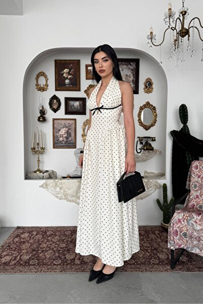 Caddebostan Moda Polka Dot Patterned Strap Midi Dress with Bow Detail