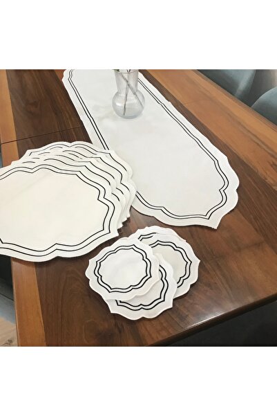 Elite Arts Elite Art’s Modern Nakışlı Beyaz Runner, Supla ve Bardak Altlığı Y...