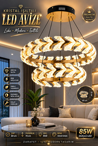 Elvora Home Modern (PREMİUM) Kristal LED Avize Gold Kasa Çift Katlı Sarkıt Sa...
