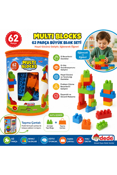 DEDE Multi Blocks 62 Parça Büyük Yapı Blokları – Taşıma Çantalı Eğitici Blok ...