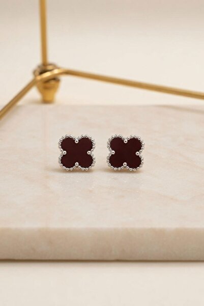 RMY MODA Women's Burgundy Clover Figured Silver Edged Earrings