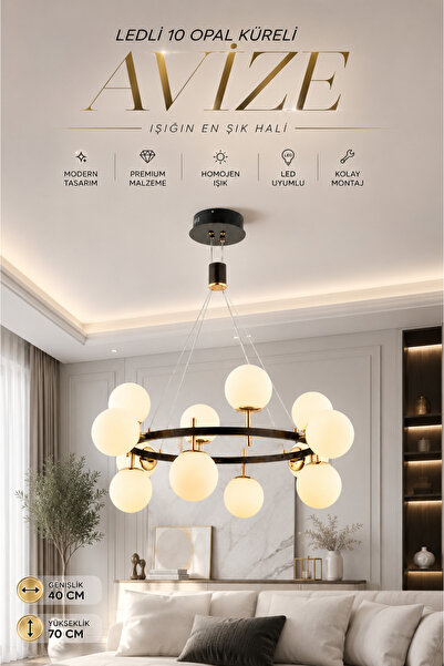 Elvora Home Eskitme (PREMİUM) 12 Opal Küreli LED Avize Siyah Gold Gövdeli Dek...