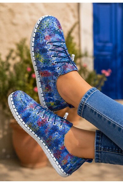 MELİS'E Women's Blue Patterned Genuine Leather Daily Orthopedic Shoes + Avail...
