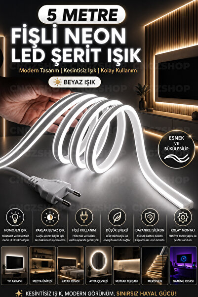 CNGZSHOP 5 Metre Neon LED Şerit Işık Fişli Beyaz Esnek Silikon LED Şerit Deko...