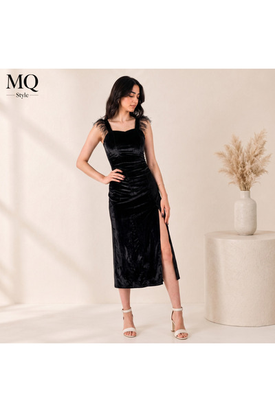 MQ Velvet Dress with Tulle Detail on the Shoulder from the Turkish Style Coll...