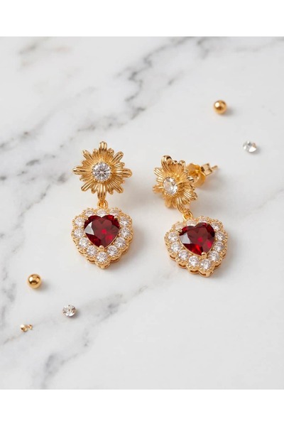 Portakal Esintisi Cardelia Heart Cut Zircon Stone Flower Motif Dangle Steel X...