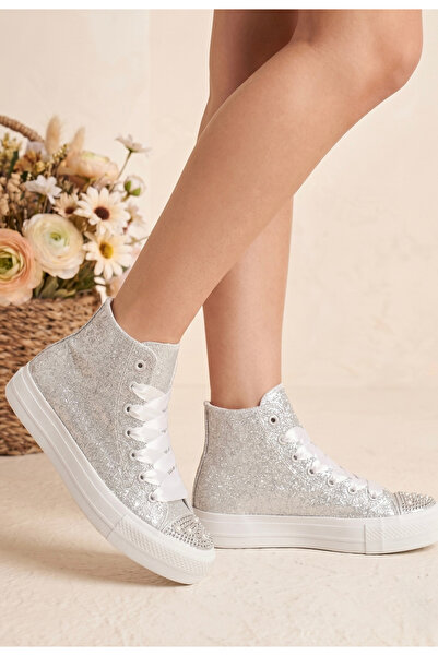 HYS SHOES Simli Gümüş Spor Ayakkabı Yüksek Bilek Gümüş Sneaker Yüksek Taban K...