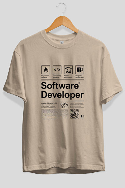 Ankhises Software Developer Oversize Front Printed Beige T-Shirt 100% Cotton ...