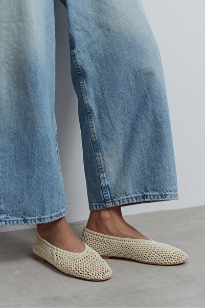 NİŞANTAŞI SHOES Lips Beige Knitwear Mesh Embroidered Flat Sole Women's Baller...