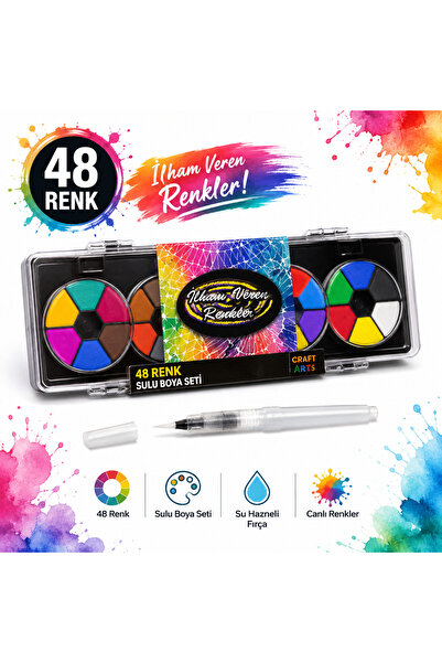 Craft and Arts 48 Renk Sulu Boya Seti Su Hazneli Fırçalı Katlanabilir Taşıma ...