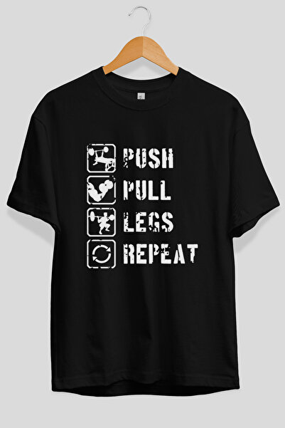 Ankhises Μπλουζάκι Push Pull Legs Oversize με στάμπα μπροστά, μαύρο, 100% βαμ...