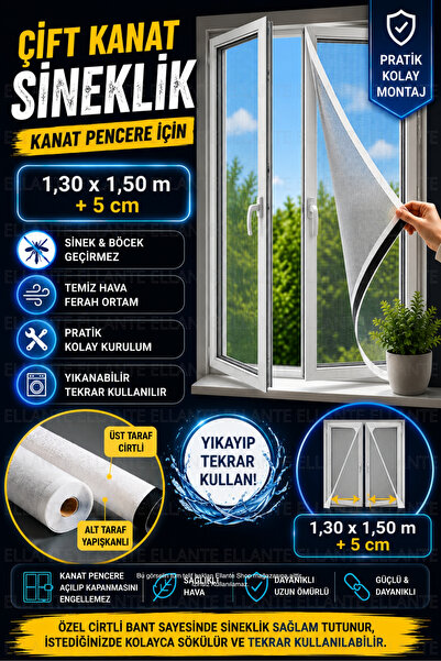 ellante Premium Yapışkanlı Sineklik Seti 130x150 cm Çift Kanatlı Pencere Kapı...
