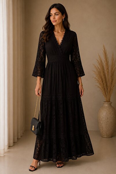 Rain and River Double-Breasted Collared Dress with Lace Details