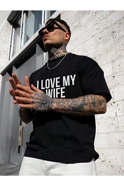 JENOLAN Men's I Love My Wife Printed Oversize T-Shirt Casual Boyfirend