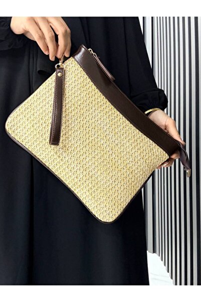 H&D COLLECTİON Wicker Handbag and Portfolio Clutch Bag with Long Strap, Suita...