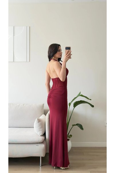 Zoom Butik Bel Korse Maxi Elbise - BORDO