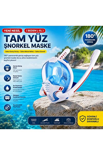 Genel Markalar Çift Tüplü Şnorkel Maskesi (L-XL) Beden Tam Kuru Dalış Yüzme M...