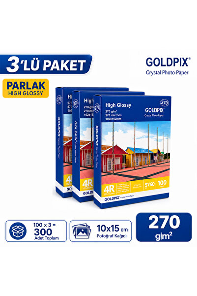 Goldpix 270gr 10x15cm Parlak Fotoğraf Kağıdı - 3'lü Paket 300 Adet High Gloss...