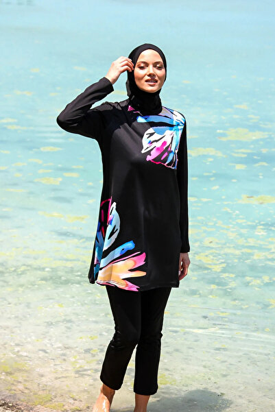 Marina Swimwear Full Covered Hijab Swimsuit Set Black Floral Patterned 3 Piece – M2224