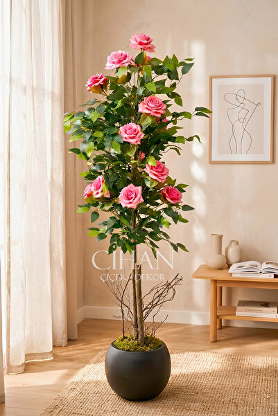 Cihan Çiçekçilik Yapay Pembe Gül Ağacı 150 cm 27x33 Siyah Küre Saksılı