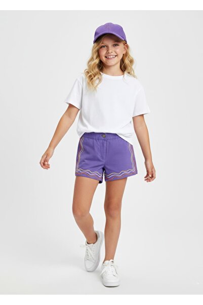 Ozmoz By Mukadder Özden Organic Embroidered Purple Summer Girls' Shorts