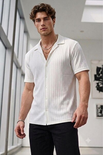 NO 601 Men's White Marcussa Striped Short Sleeve Summer Shirt