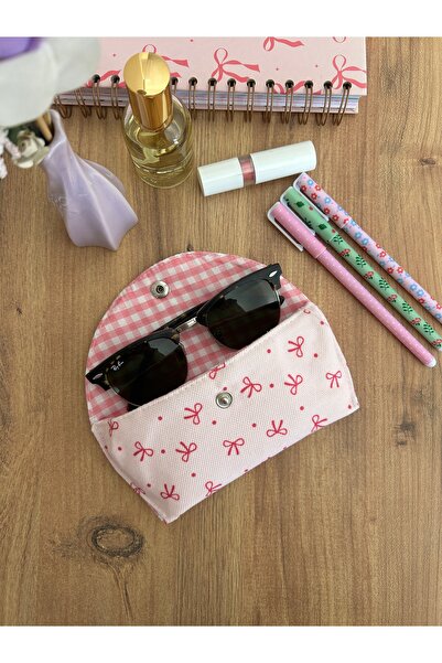 Polite sweet pink bow pattern Glasses case sunglasses container handmade lined interlining size 17-9cm