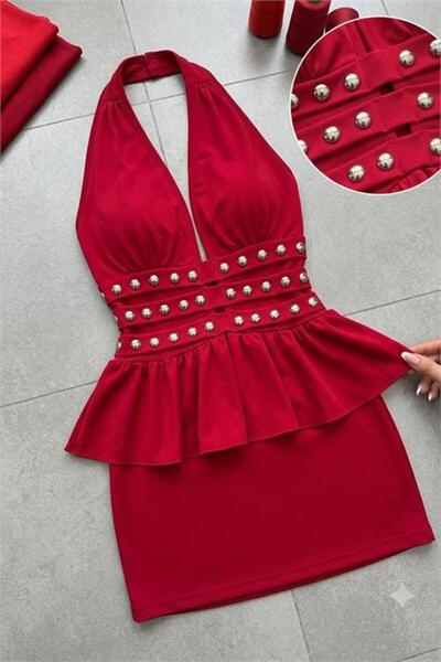 Neşeli Butik Women's Red Halter Neck Stone Detailed Mini Length Dalgış Fabric...