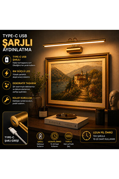 neeko Flüt Aplik / 35CM / Şarjlı LED Aplik / Type-C USB Kablosuz Duvar Lambas...
