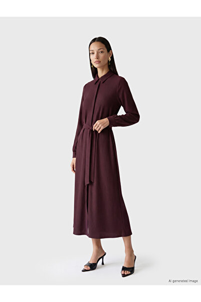 LC Waikiki Lcw Studio Burgundy Striped Belted Shirt Dress