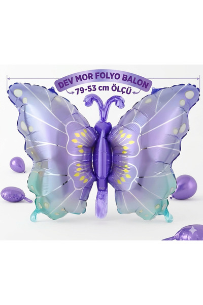 ÇAVUŞ E-TİCARET Mor Kelebek Folyo Balon Büyük Boy Benekli Kelebek Balon Parti...