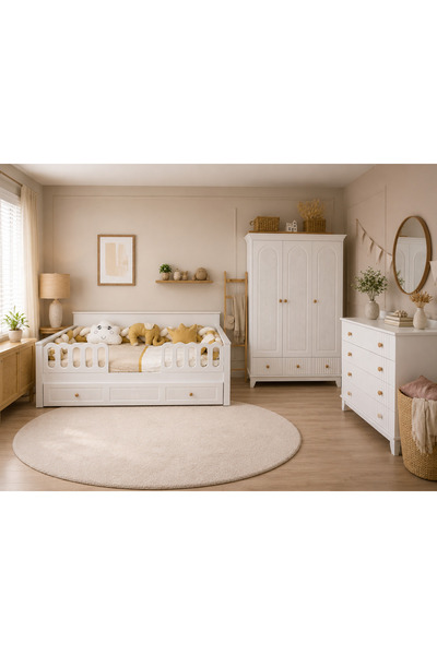 Koza %100 MDF Bohem 3 Kapılı Dolap & Bohem 4 Çekmeceli Şifonyer & Bohem 90x190 cm Yavrulu Sedir Karyola